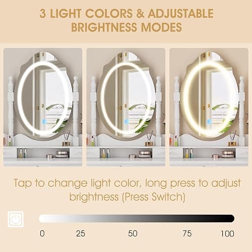 Vanity Desk with Mirror and Lights, Modern Vanity Makeup Table and Cushioned Stool Set with 4 Drawers, 3 Color Lighting Modes with Adjustable Brightness, Dressing Table Set for Bedroom (White Vanity) thumbnail 6
