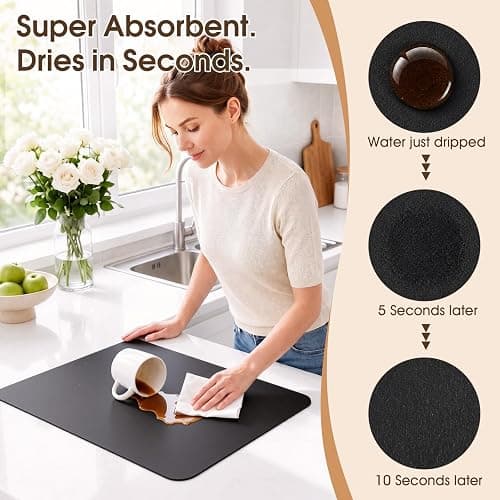 Coffee Mat Super Absorbent Dish Drying Mat Coffee Bar Mat 12"x 19", Black | Match with Coffee Machine Accessories Large Drying Mats for Kitchen Counter thumbnail 3