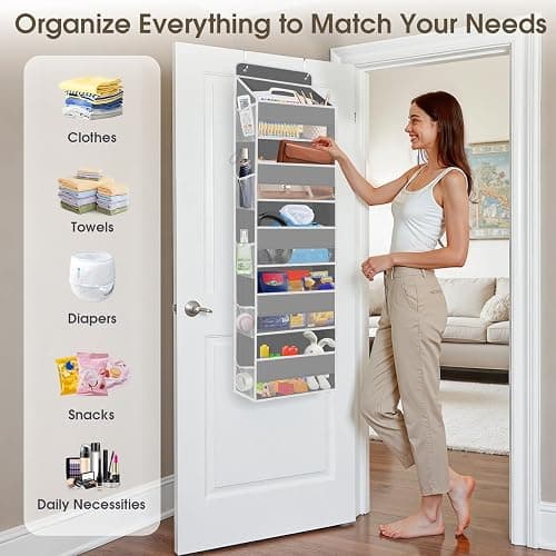SpaceHacks 1 Pack Over The Door Organizer, Hanging Storage Organizer with Clear Window, 40lb Ultra Sturdy Large Capacity Room Organizer for Pantry Laundry Bathroom Nursery Closet Baby Essential (Grey) thumbnail 6