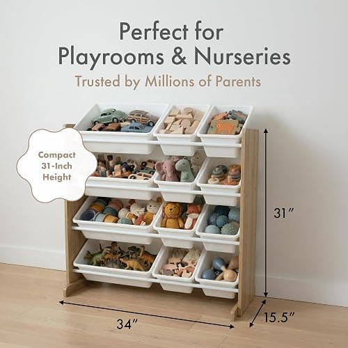 Humble Crew Kids Toy Organizer with 12 Bins, 4 Tier Storage for Playroom | Sturdy wood and steel toddler shelf, removable BPA-free containers, wall anchor anti-tip safety kit for bedroom or classroom thumbnail 3