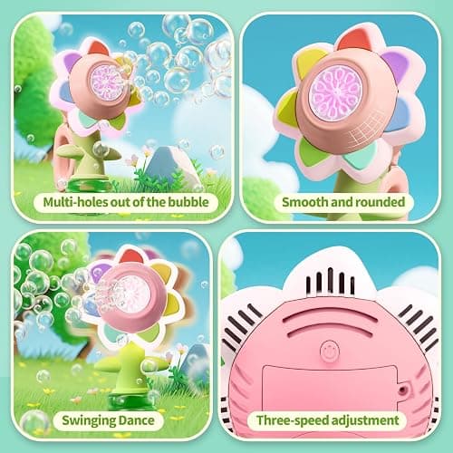 Rechargeable Flower Bubble Guns for Kids W/LED Lights & 10 Refill Solutions, Fun Swing Dance Bubble Maker Machine Blower Blaster Toys,Outdoor Summer Play, Easter, Birthday Party Favors & Gifts Pink thumbnail 3