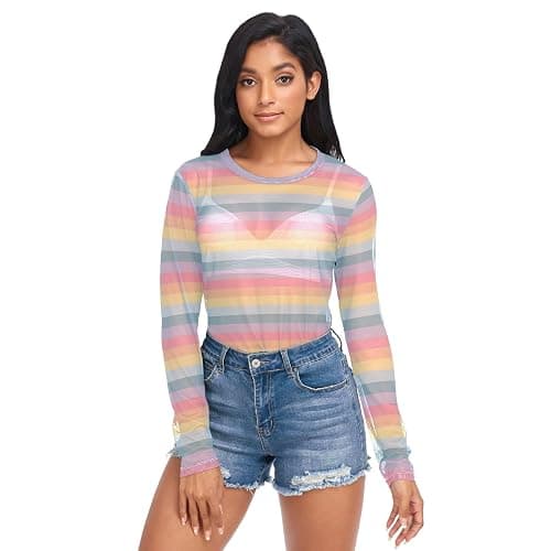 CTYSHTDL Women Mesh Tops Sexy- Sheer Long Sleeve Shirts Crew Neck Going Out Tops Summer Blouses thumbnail 4