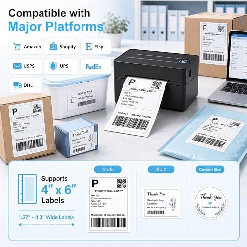 Thermal Shipping Label Printer 4x6 Bluetooth Label Maker for Small Business | Wireless Mailing Shipping Printer for USPS UPS Amazon Shopify Etsy - Compatible with iPhone Android Windows & Mac (Black) thumbnail 3