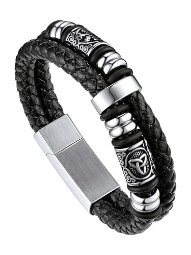 Bandmax Mens Leather Bracelet, Viking Jewellery Black Braided Rope Wristband for Men, Stainless Steel Beaded Double Layer Leather Cord - Image 1