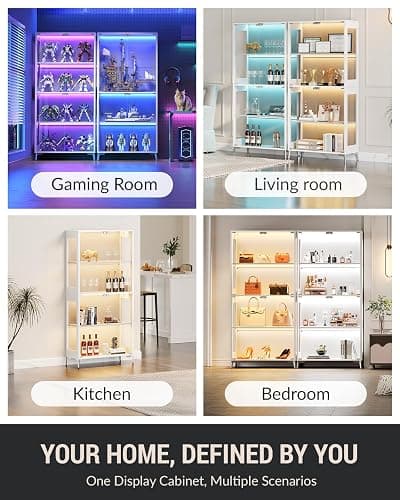 Display Cabinet with Glass Doors, 4-Tier, RGB Lights, Adjustable Shelves | Tempered glass doors; 2 adjustable shelves; app/remote RGB lighting; for collectibles, figures, trophies & books; white. thumbnail 9