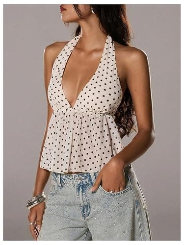 Milumia Women's Polka Dots Tie Backless Halter Top Deep V Neck Ruffle Hem Peplum Going Out Party Club Crop Tank Tops thumbnail 2
