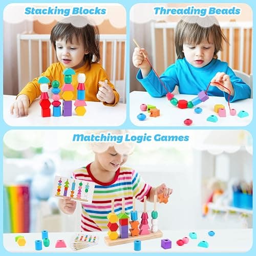 Montessori Wooden Beads Sequencing Toy Set, Stacking Blocks & Lacing Beads & Matching Shape Stacker for 2 3 4 5 Year Old STEM Preschool Learning Montessori Toys Gifts for Kids Boy Girl Toddler thumbnail 7