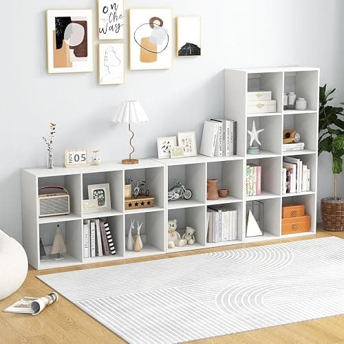 POWERSTONE 4 Cube Storage Organizer, 2 Tier Cubby Bookshelf, White | Freestanding Bookcase w/Back Guardrail, Open Back Display Rack for Living Room, Bedroom, Study thumbnail 7