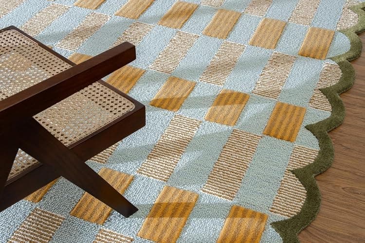Hand-Tufted Wool Rug with Scalloped Edges, Light Blue Plaid Pattern, Cozy Soft Area Rug for Living Room, Bedroom, and Nursery, Handmade Modern Accent Rug, 5x8 Ft thumbnail 5