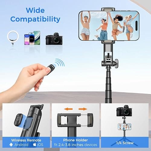 Selfie Stick Tripod for Phone with Remote Control & Holder, 50 Inch, Black | Extendable Selfie Stick Travel for iPhone, iPhone Tripod for Video Recording thumbnail 6