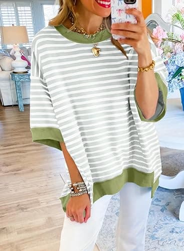 SHEWIN Womens Tops Casual Short Sleeve Sweatshirt Crewneck Striped Shirt Pullover T Shirts Loose Blouses thumbnail 2
