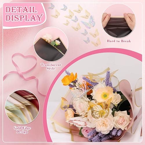 Thrilez 187PCS Flower Bouquet Wrapping Paper Kit Includes 40 Floral Paper, 24 Butterflies, 100 Bouquet Pins, 3 Ribbons and 20 Greeting Cards for Mother's Day Wedding Baby Shower Graduation thumbnail 4