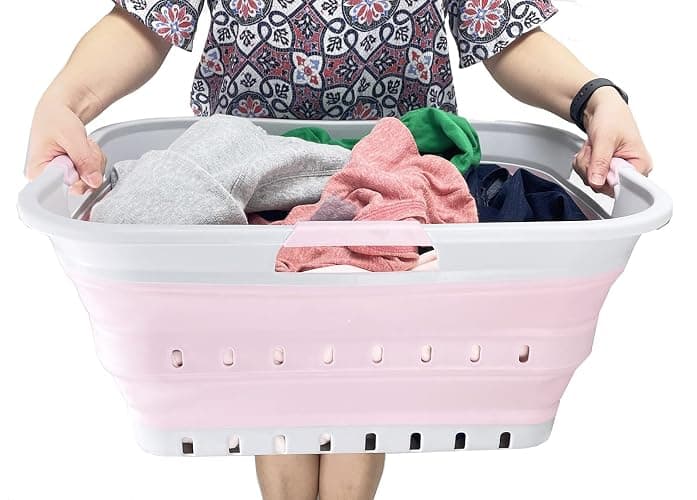 SAMMART 42L (11 gallon) Collapsible Plastic Laundry Basket - Foldable Pop Up Storage Container/Organizer - Portable Washing Tub - Space Saving Hamper/Basket (Grey/Pale Pink) thumbnail 7