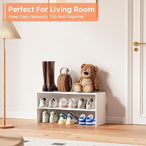 2-Tier Expandable White Shoe Rack Organizer for Closet, Stackable Shoe Rack Storage Shelf, Small Iron Wood Combination Shoe Shelves for Closets,Entryway,Front Door, Narrow Space,Hallway,6-12 Pairs thumbnail 6