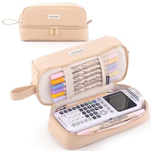 ANGOOBABY Big Capacity Large Pencil Case Canvas Pen Pouch Bag with 2 Compartments for Girls Boys Teen School Students Adults - Khaki - Image 1