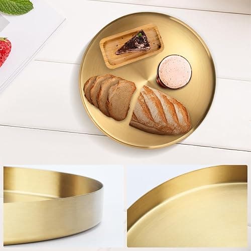 12 Inch Golden Round Platter Tray, Trays for Domestic Purposes, Stainless Steel Serving, Circle Decorative Tray, Vanity Tray for Centerpiece Home Decor thumbnail 6