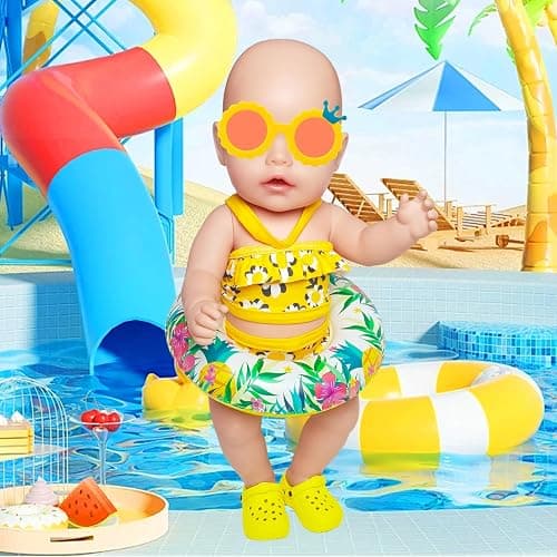 WanderGo 4 Teilig Badeanzug Puppen Set Puppenkleidung Sommer Schwimmset für 35–45 cm Schwimmpuppe Gelb Badeanzug mit Blumenmuster, Schwimmring, Sonnenbrille, Strandschuhe Puppenzubehör thumbnail 2