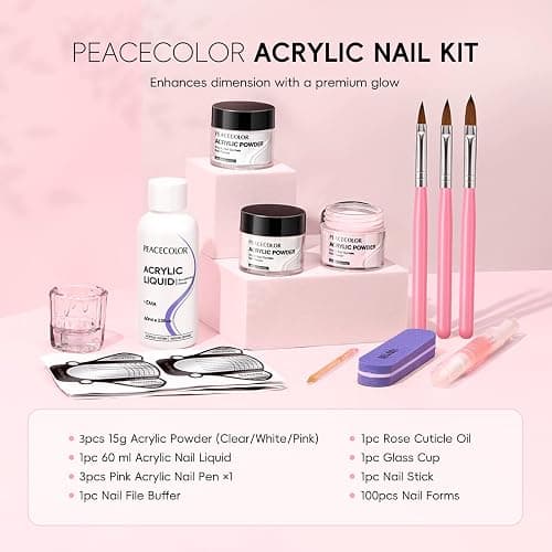 PEACECOLOR Acrylic Nail Kit Starter Kit, 3 Colors Pink Clear White Acrylic Powder Set with Nail Brush Cuticle Oil Nails Forms Nail Art Basic Kit for Women Home DIY thumbnail 7