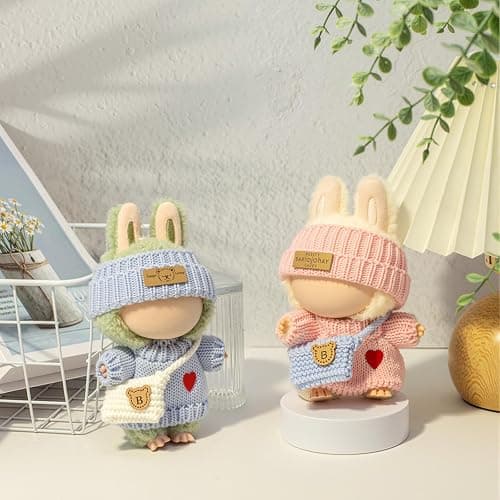 Clothes for LABUBU Doll (NO Doll), 3-Piece Handcrafted Crochet Accessories for LABUBU 17cm Dolls, Premium Outfits for LABUBU Unique Dress up - Heart Sweater + Hat + Bag (Pink) thumbnail 2