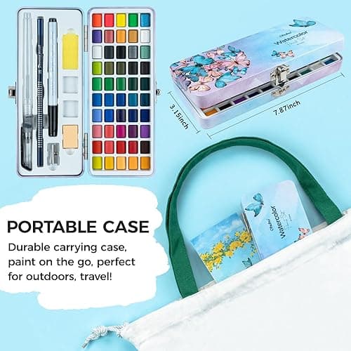 Ohuhu Watercolor Travel Paint Set, Portable Watercolor Kit for Outdoors 50-color with Watercolor Papers, Brush Pen, Acrylic Pen, Pencil and Accessories for Painting, Non-toxic Watercolors Paint for Artists Adults Beginners Kids Gift Idea thumbnail 8