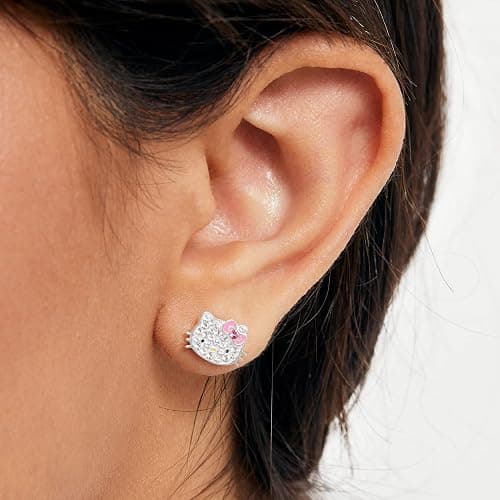 Sanrio Hello Kitty Womens Clear Crystal Stud Earrings - Silver Plated Hello Kitty Earrings Officially Licensed thumbnail 3