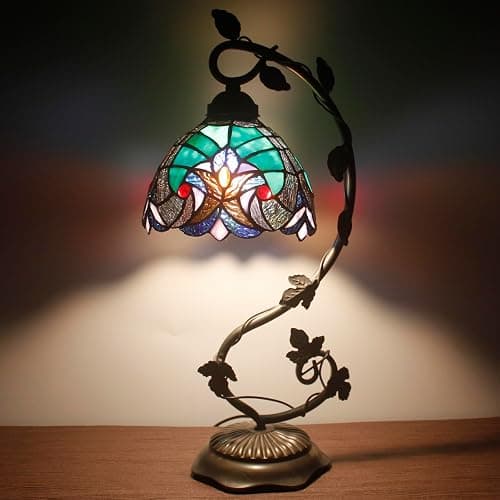 WERFACTORY Stained Glass Lamp Tiffany Style Bedside Table Lamp Reading Desk Light, Metal Leaf Base 8X10X21 Inches Decor Small Space Bedroom Home Office S160G Series - Image 1