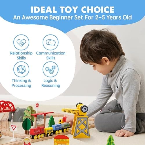 Tiny Land 55PCS Wooden Train Set - Compatible with Major Brand Tracks, Educational Toy for Toddlers & Kids Ages 3-7, Durable Wooden Railway Tracks thumbnail 8