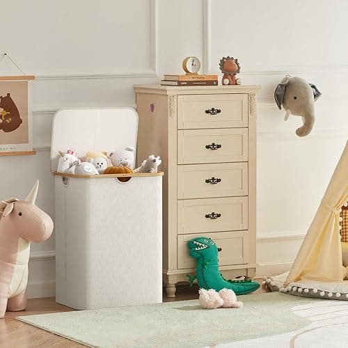 Lifewit 150L Laundry Basket with Lid, Clothes Hampers for Laundry with Bamboo Handles and 2 Removable Bag, Large Foldable Laundry Hamper for Bedroom, Bathroom, Dorm, Laundry Room, Off White thumbnail 9