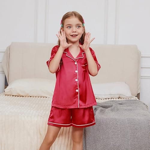 QPANCY Kids Satin Pajamas Sets Baby Boy Girl Button-Down Silk Sleepwear 2 Piece Short Sleeve Loungewear Clothes Set thumbnail 4