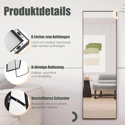 AUFHELLEN Standspiegel mit Schwarz Metallrahmen 140x40cm HD Groß Ganzkörperspiegel mit Haken für Wohnzimmer oder Ankleidezimmer (Schwarz) thumbnail 4