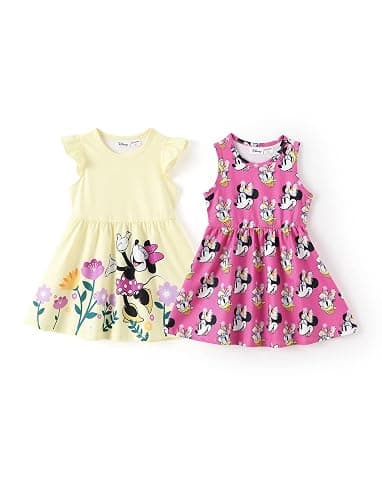 Disney Frozen Elsa Princess Minnie Mouse Stitch Toddler Girl Dresses 2 Pack Sleeveless and Ruffle Sleeve Dress Set 2-13 Years - Minnie-dark Pink - 2T - Image 1