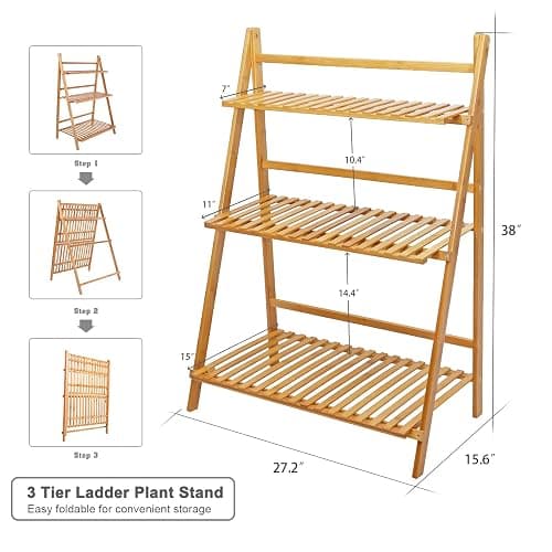 Ufine Bamboo Ladder Plant Stand 3 Tier Foldable Flower Pot Display Shelf Rack for Indoor Outdoor Home Patio Lawn Garden Balcony Organizer Planter Holder thumbnail 3