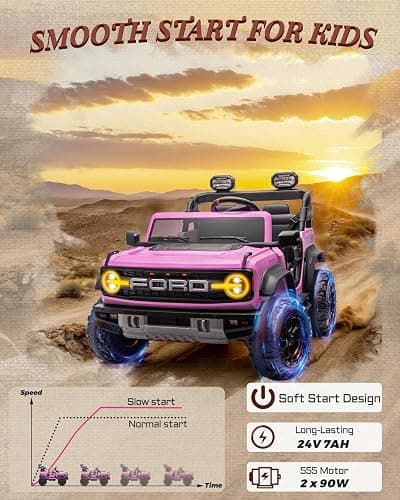 First Ride On 24V Ride on Toys for Big Kids, Licensed Ford Bronco Raptor 2 Seater Ride on Cars with Remote Control, Ride on Truck w/ 4-Wheeler Suspension, 3 Speeds, Led Lights, Bluetooth (24V, Pink) | First Ride On, 24V, for Big Kids, 2 Seater, with Remote Control thumbnail 8