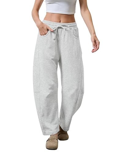 SeekMe Women's Barrel Leg Sweatpant Drawstring Elastic Waisted Wide Leg Pants Casual Cotton Palazzo Trousers with Pockets thumbnail 2