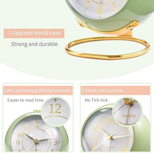Tetino Analog Alarm Clocks,Retro Backlight Cute Simple Design Small Desk Clock with Night Light,Silent Non-Ticking,Battery Powered,for Kids,Bedroom,Travel,Kitchen,Bedside Desktop.(Green) thumbnail 6