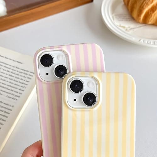 Yeddabox for iPhone 13 Case Cute Striped Phone Case Soft TPU Slim Shockproof Phone Cover for Women Girls, Pink and Yellow thumbnail 3