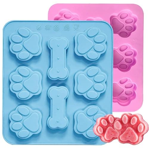 2 Pcs Silicone Puppy treat molds, Dog Paw and Bone Mold Ice Cube Mold, Jelly, Biscuits, Chocolate, Candy Baking Mold, Oven Microwave Freezer Dishwasher Safe-Pink & Blue (2) - Image 1