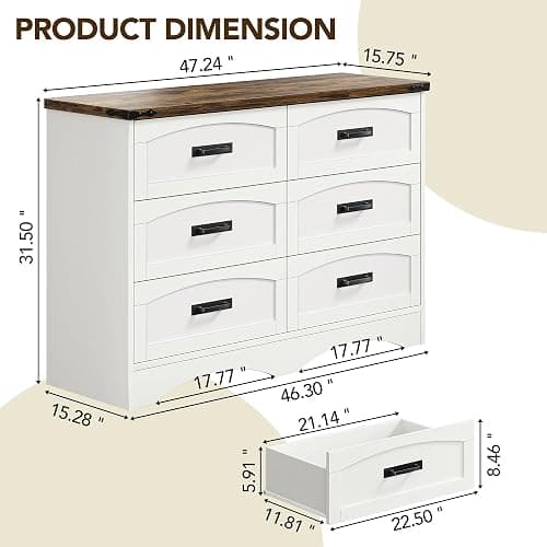Decofy 47" Farmhouse 6-Drawer Dresser for Bedroom, Pure White + Walnut | Bar Handles, Rustic Wood Design, Large Storage Drawers, For Bedroom, Living Room, Hallway, And Entryway thumbnail 2