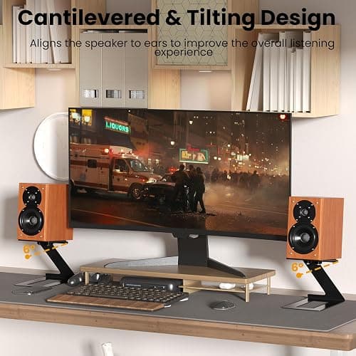 PUTORSEN Desktop Speaker Stands Pair, Speaker Riser for Most Small & Medium Bookshelf Speakers, Computer Speakers, and Studio Monitors, Cantilevered Speaker Stand with Vibration Absorption Pad, Black thumbnail 3