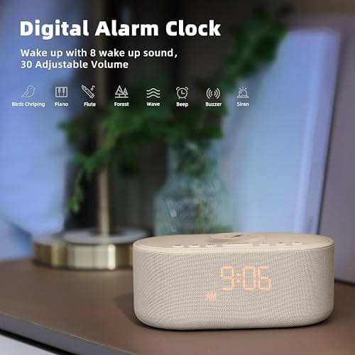 Odokee Sound Machine Alarm Clock for Bedrooms with Wireless Charging | Dimmable Clock with Bluetooth Speaker - White Noise Machine for Sleeping with 21 Soothing Sounds for Baby Adults Kids - Putty thumbnail 8