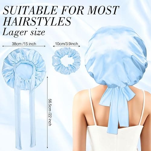 Obeoby Satin Silk Sleep Bonnet for Women, Double-Layer Hair Bonnets with Adjustable Tie Band for Curly Natural Wavy Hair Holiday Birthday Gifts (Blue,Extra Large) thumbnail 2