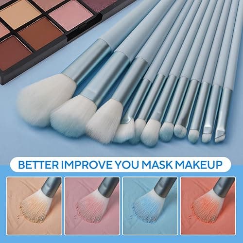 Glamberry Blue Makeup Brushes Set, Professional 12Pcs Makeup Brush Kit, Include Powder Contour Stippling Blending Concealers Blush Eye shadows Eyeliner Eyebrow Fan Brush Set thumbnail 5