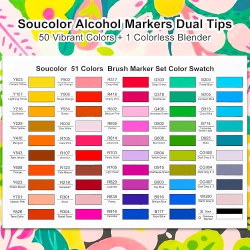 Soucolor 51 Colors Alcohol Markers Brush Tip, Dual Tip Brush & Chisel Alcohol-Based Art Markers, 50 Colors+1 Blender Drawing Coloring Art Supplies for Kids Artists Adults Teen Girl Gifts Trendy Stuff thumbnail 8
