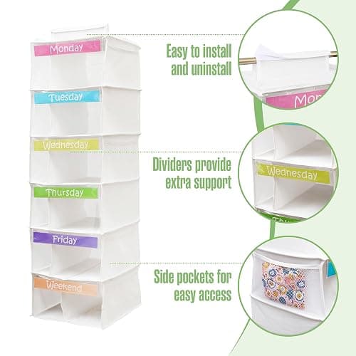 Kids Clothes Organizer, Weekly Clothes Organizer for Kids, Weekday, 6 Shelf | Houseables Outfit Organizers, Closet Daily Outfit Storage, Monday through Friday Clothing, Day of the Week, School, Hanging thumbnail 4