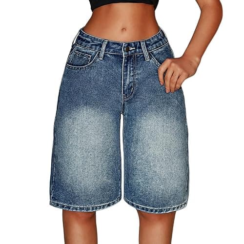 Bermuda Shorts for Girls Stretchy High Waisted Denim Shorts Baggy Y2k Knee Length Casual Long Summer Shorts 12-16Years - Image 1