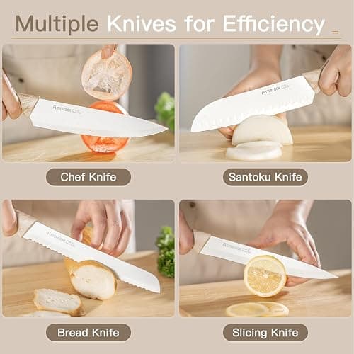 Astercook Knife Set, 13 Pieces Kitchen Knives Set with Ceramic Coating, Stainless Steel Chef Knife Sets with 6 Blade Guards, Dishwasher Safe Knives with Wooden Handle, White thumbnail 8
