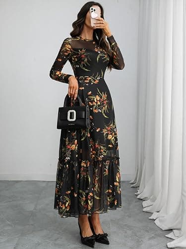 GothDark Womens Floral Mesh Dress Long Sleeve Round Neck A Line Gothic Vintage Casual Wedding Guest Maxi Dresses thumbnail 6