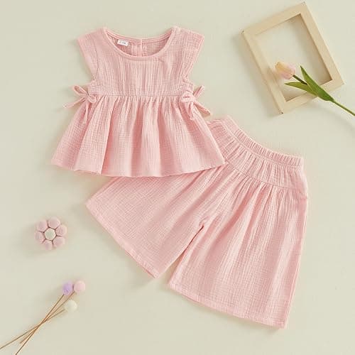 citgeett Baby Girl Summer Clothes Outfit Cotton Linen Sleeveless Ruffle Shirt and Wide Leg Pants Toddler Girls Clothes Set thumbnail 6