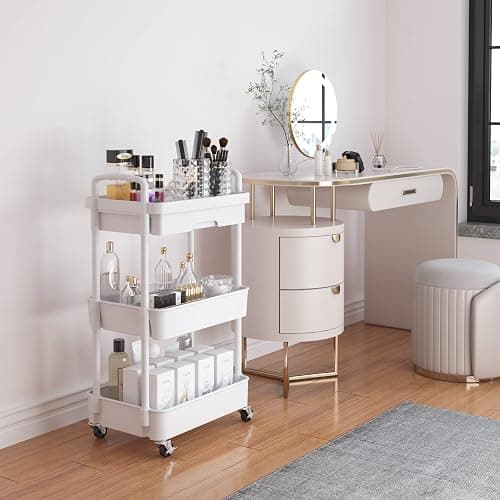 Calmootey 3-Tier Rolling Utility Cart with Drawer,Multifunctional Storage Organizer with Plastic Shelf & Metal Wheels,Storage Cart for Kitchen,Bathroom,Living Room,Office,White thumbnail 2