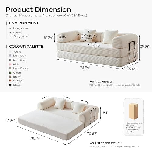 79" Convertible Sofa Bed with Fixed-Shape Frame & Removable Armrests, Modular Corduroy Sleeper Sofa, Folding Mattress Couch for Small Spaces - No Assembly Needed in White (Includes 2 Pillows) - White thumbnail 2